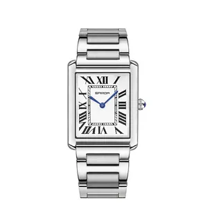 SANDA silver square quartz watch with roman numerals and luxury stainless steel strap