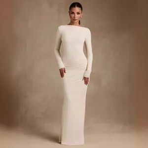 Women Sexy Backless Ruched Bodycon Maxi Dress Long Sleeve Elegant Solid Color Knitted Evening Party Night Club Long Dress