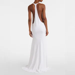 Elegant white backless maxi dress with a halter t-back design for summer evening wear
