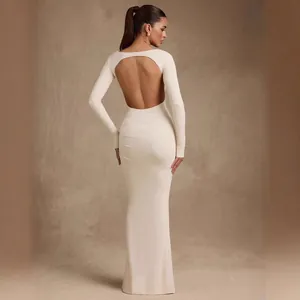 Elegant off-white long sleeve backless bodycon maxi dress with floor-length silhouette