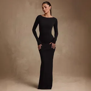 Elegant floor-length long sleeve black bodycon dress for women, ideal for evening parties.