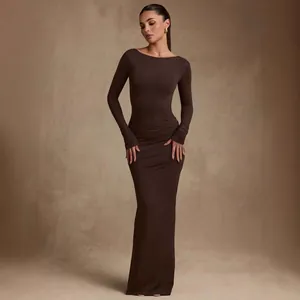 Elegant chocolate brown long-sleeved floor-length bodycon dress for women with a sleek fit