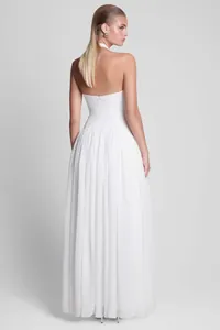 Rear view detail of elegant white French style backless halter-neck formal evening gown