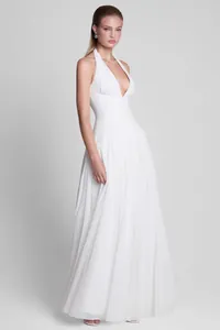 Elegant white deep V-neck halter gown with pleated floor-length skirt for formal events