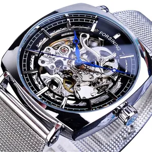 Montre Mécanique Automatique pour Homme Forsining Cadran Squelette Aiguilles Bleues Bracelet en Maille d'Acier Inoxydable Boîtier en Alliage Montre-Bracelet Business