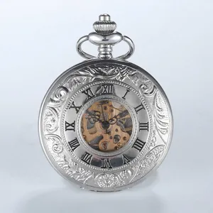 Montre à gousset mécanique argentée rétro creuse avec boîtier à motif floral gravé