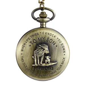 Montre à gousset en bronze antique avec gravure de lion et message To My Son quartz