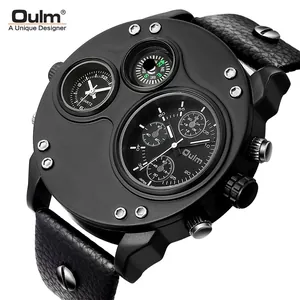Oulm Herren Sport Großes Zifferblatt Quarzuhr Zwei Zeitzonen Mit Kompass Lederarmband Legierungsgehäuse Militär Armbanduhr