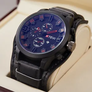 Large dial men's military sports watch with black leather strap and red accents