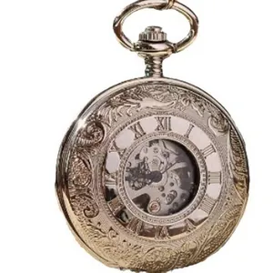 Montre à gousset mécanique argentée rétro avec gravure florale et design squelette