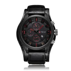 KTEVI Men's tactical sport watch featuring large black dial and wide leather band strap