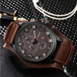Trendy men's sports watch featuring a large brown dial and wide leather cuff strap.