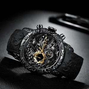 BIDEN herenhorloge quartz met zwart 3D-draak uitgesneden wijzerplaat en gouden wijzers.