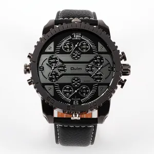 Detailed view of Oulm multi-dial quartz watch featuring four time zones and black leather band
