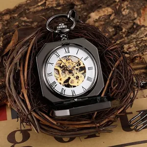 Detailed view of the vintage skeleton mechanical pocket watch in gunmetal finish.