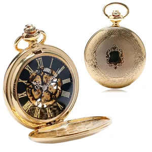 Vista detallada de un reloj de bolsillo mecánico esqueleto dorado vintage con tapa