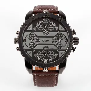 Detail view showing the multi-dial face and brown leather strap of the Oulm men's quartz watch