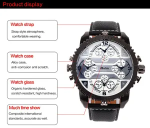 Detailed features of Oulm men's watch showing multi-dial world time and alloy case