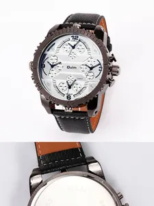 Detail shot of Oulm men's watch featuring four-zone time dials and black leather strap