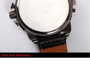 Detail view of Oulm HP3233 men's watch stainless steel case back with Japan movement