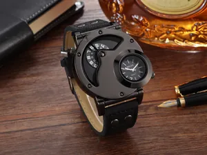 Detalle del reloj de cuarzo MILER para hombre con esfera doble y remaches de moda.