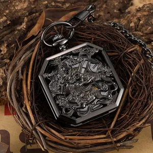 Retro Mechanical Pocket Watch Hollow Out Flip Cover Roman Numerals Dragon Tiger Relief Engraved Tungsten Color Alloy Gift Watch For Men