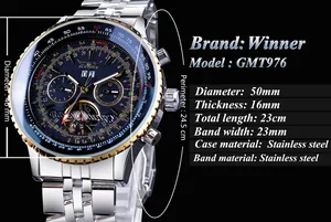 Technische Details der Jaragar Winner GMT976 Skelett-Automatikuhr aus Edelstahl.
