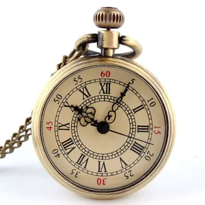 Montre à Gousset à Quartz en Bronze Vintage Unisexe Chiffres Romains Pendentif Antique en Alliage Collier Chaîne de Pull