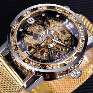 Herren Skelett Mechanische Uhr Mode Luxus Strass Inlay Legierung Mesh Band Manuelle Aufzug Armbanduhr Relogio Masculino