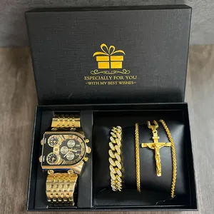 Coffret montre homme dorée de luxe avec bracelet en cristal et collier croix en boîte