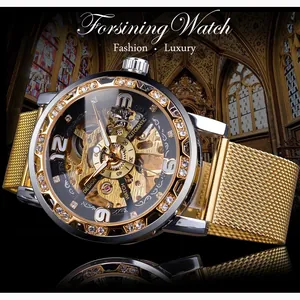 Luxus Forsining Skelett Automatik Uhr mit goldenem Netzarmband und glänzenden Strasssteinen