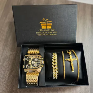 Coffret cadeau luxe or pour homme avec montre Oulm multi-fuseaux, gourmette et collier croix