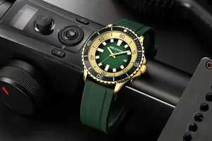 Close-up of AOCASDIY men's watch featuring a green sunray dial and matching silicone strap.
