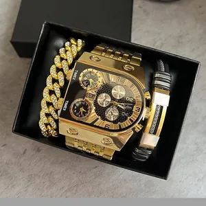 Oulm Coffret Montre à Quartz Homme Fuseaux Horaires Multiples Grand Cadran Avec Bracelet Cuban Link Strass Bracelet en Acier Inoxydable