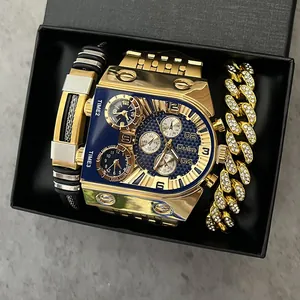 Vue détaillée du coffret montre Oulm fuseaux horaires avec bracelets dorés en boîte cadeau