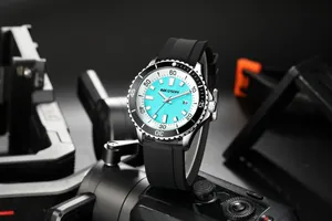 Close-up of AOCASDIY men's watch featuring a vibrant turquoise dial and black silicone strap