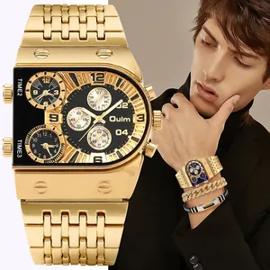 Gros plan de la montre Oulm en or multi-fuseaux horaires avec grand cadran et bracelet métal.