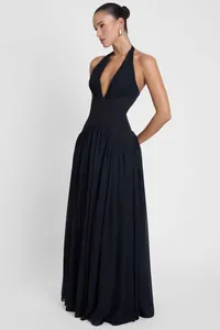 Elegant black French style halter neck backless maxi dress for women's evening gala