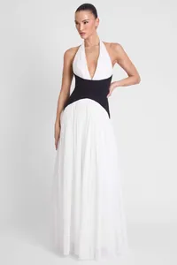 Elegant French style halter backless evening gown in black and white maxi length