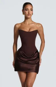 Elegant dark brown strapless corset mini dress with draped satin skirt detail design