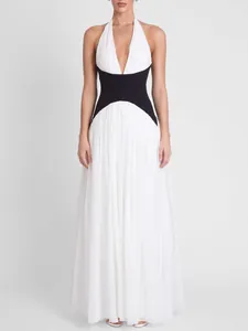 Women's French Halter Neck Backless Pleated Maxi Dress Elegant Color Block High Waist Occasion Gown For Banquet Wedding