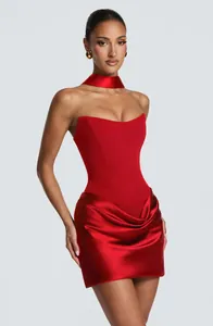 Sexy red strapless mini dress with draped satin skirt and matching neck choker detail