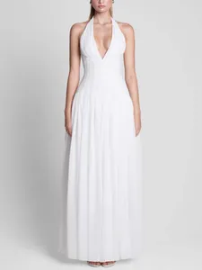 Elegant French style white halter neck pleated maxi dress with deep V-neck for formal events
