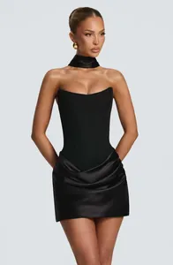 Elegant black corset mini dress with draped satin-like skirt and matching choker necklace.