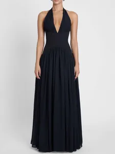 Elegant black French style halter neck backless maxi dress for evening party gala