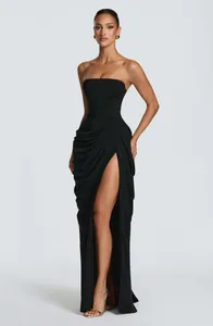 Elegant strapless black evening gown with ruched detail and high thigh slit for women