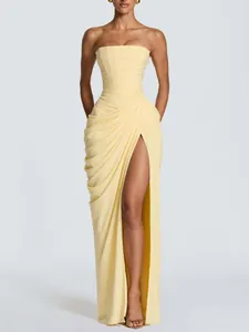 Women Strapless Ruched Evening Dress Polyester Slim Fit High Slit Floor Length Gown Elegant Party Wedding Banquet Dress