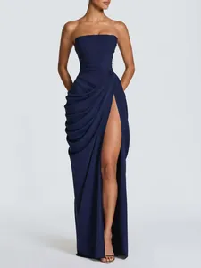 Elegant navy blue strapless pleated evening gown with high split design and slim fit
