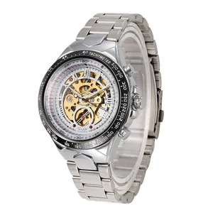 Primer plano detallado del reloj mecánico esqueleto Winner para hombre con engranajes de oro