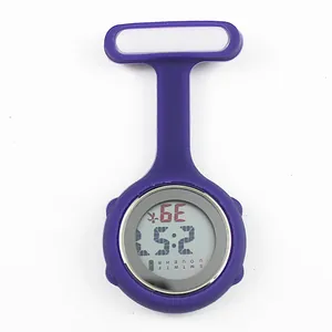 Detailed view of a purple silicone digital nurse fob watch with a clear LCD display